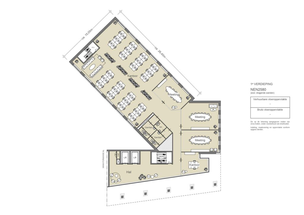 Plattegrond van de eerste verdieping van een kantoorpand aan de Johan Cruijff Boulevard met werkplekken, vergaderruimtes en sanitaire voorzieningen.